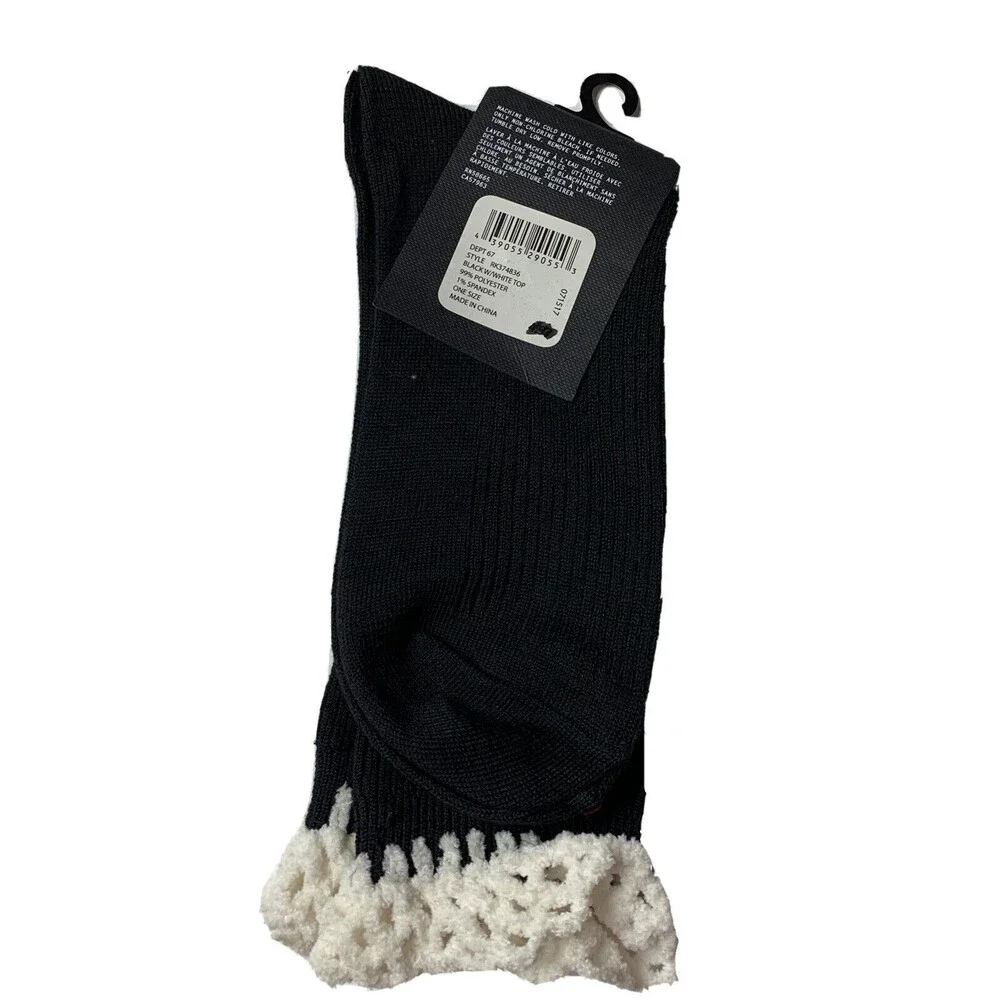 NWT Free Press Legwear Crew Socks Black W/Hand Knit White Chenille Boot Top